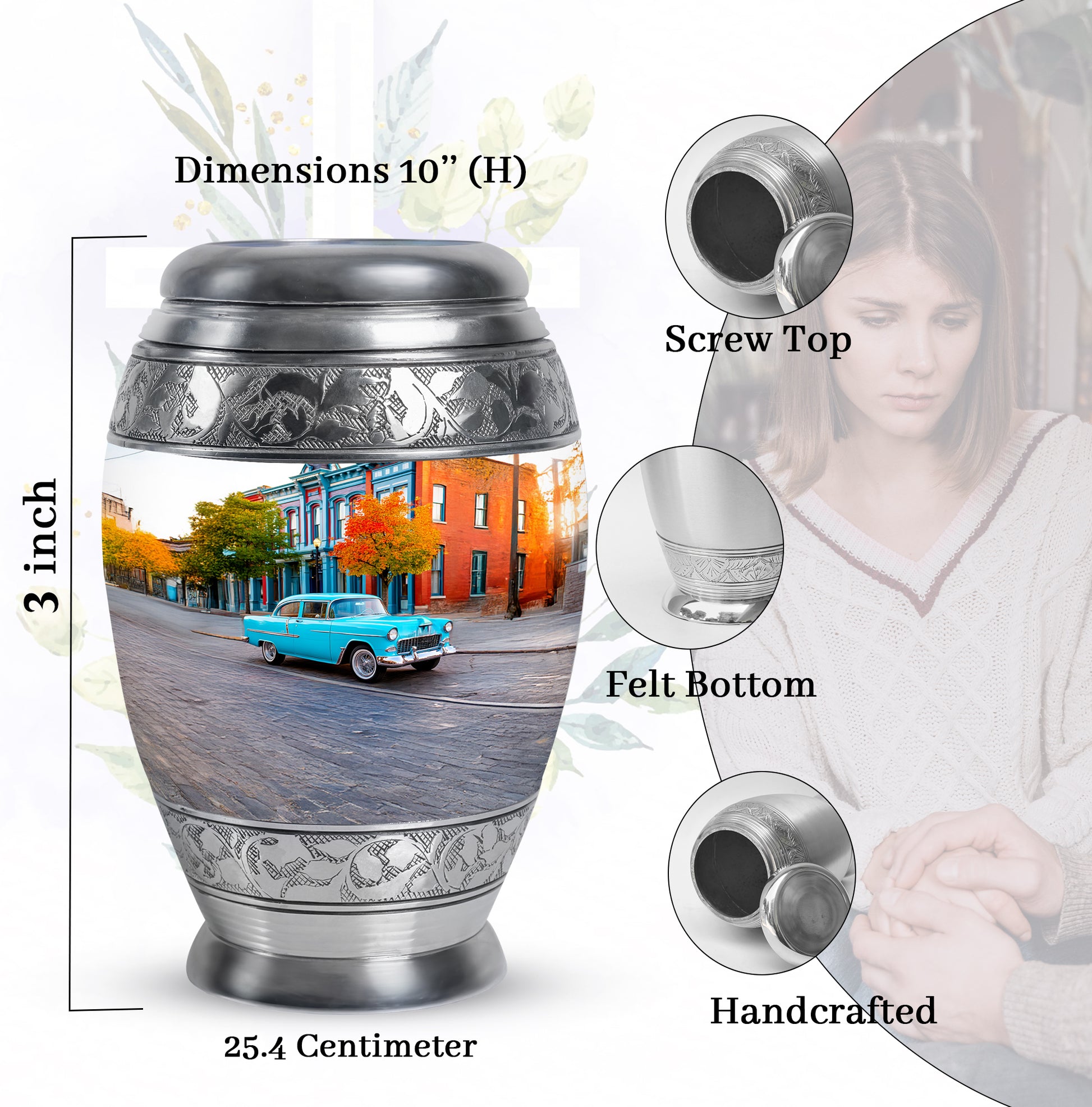 Satin Silver Car Cremation Urn lifestyle display on memorial shelf - regal car design with crown-inspired accents - mini keepsake memorial for portion of cremation ashes