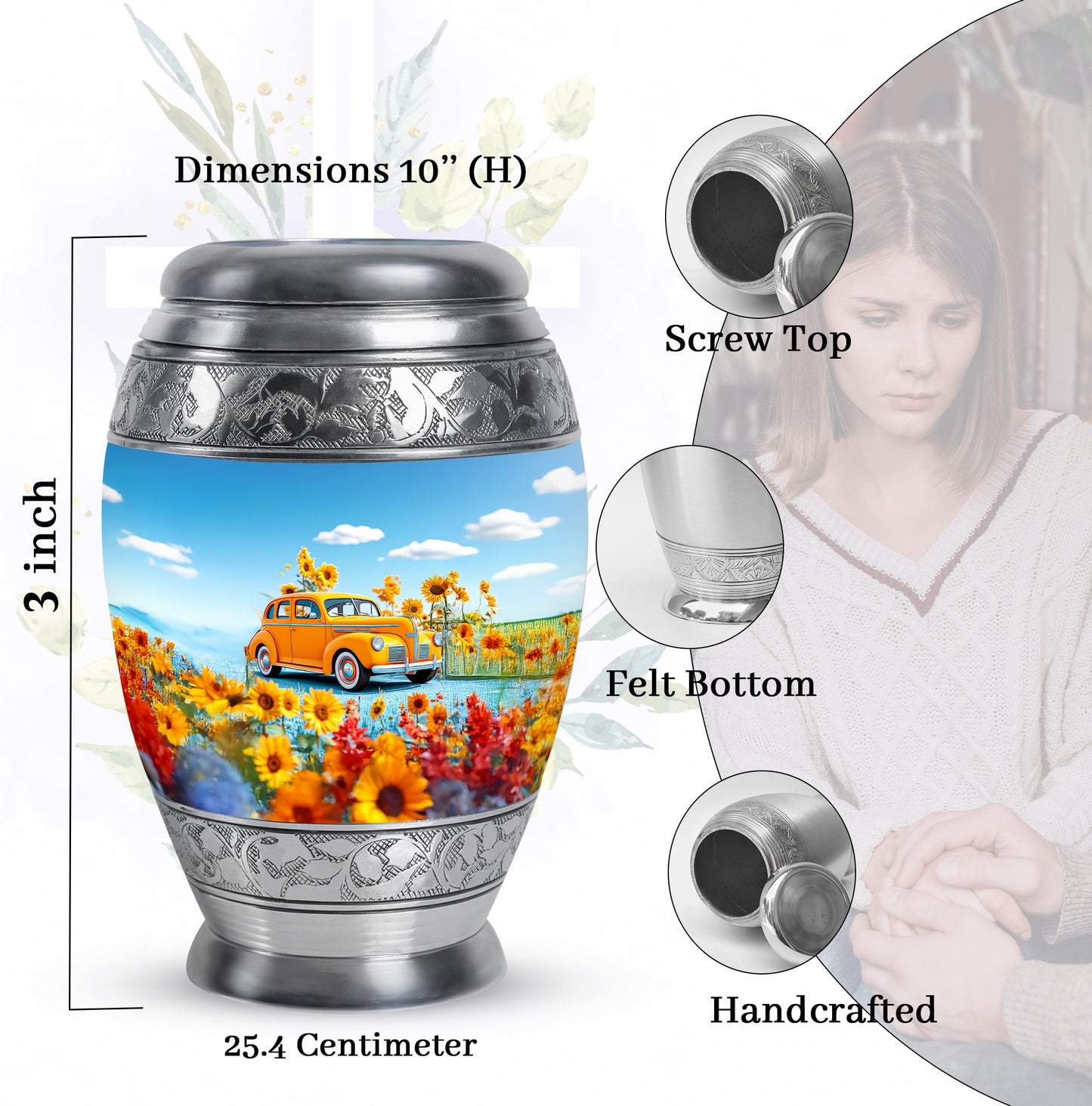 Calming Blue Car Cremation Urn lifestyle display on memorial shelf - majestic car pattern with filigree border - mini keepsake memorial for portion of cremation ashes