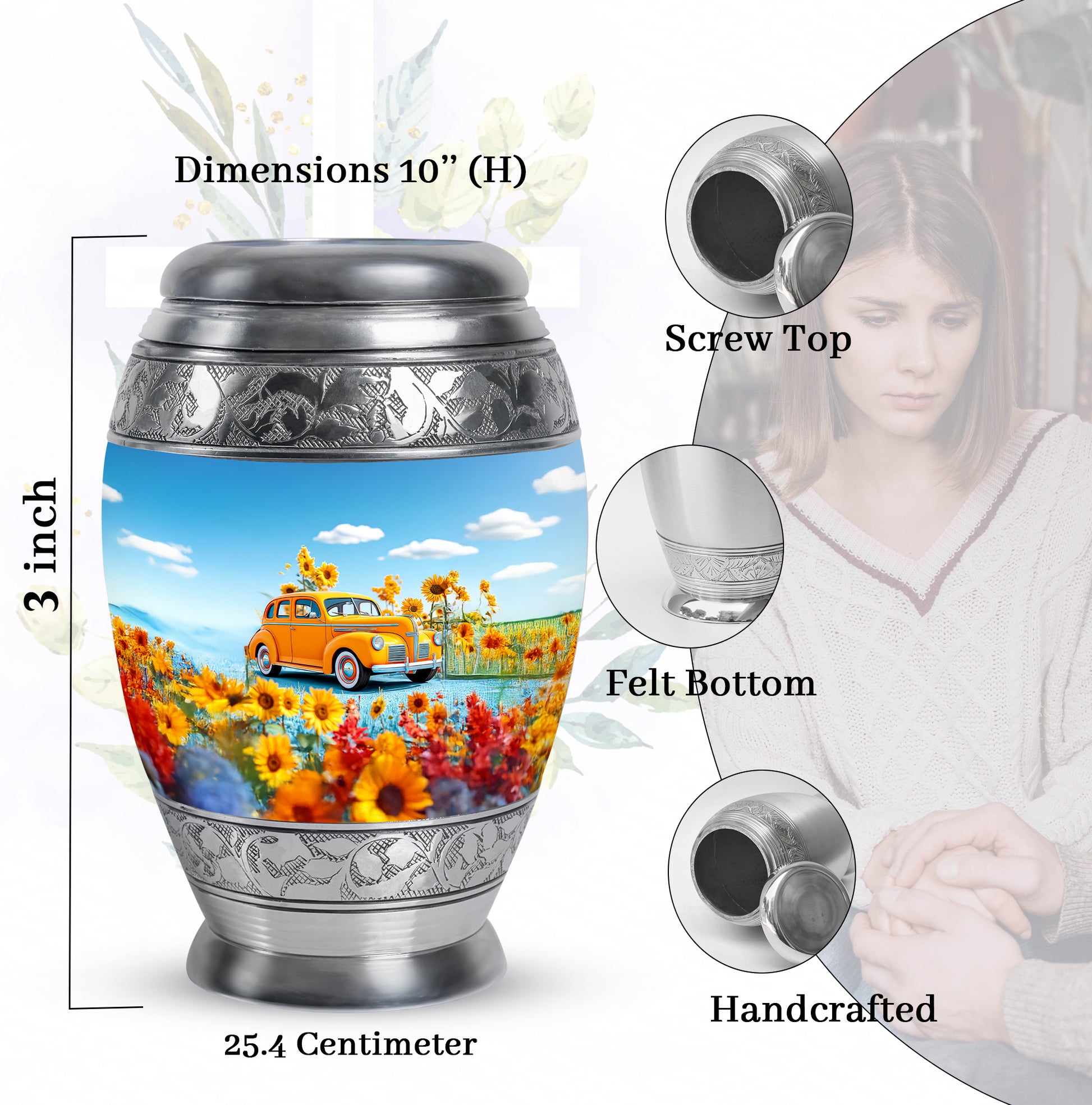 Calming Blue Car Cremation Urn lifestyle display on memorial shelf - majestic car pattern with filigree border - mini keepsake memorial for portion of cremation ashes