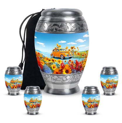 Misty Blue Car Cremation Urn detail view - regal car design with crown-inspired accents - memorial set with one large and four small urns