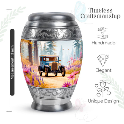 Vivid Teal Car Cremation Urn lifestyle display on memorial shelf - majestic car pattern with filigree border - mini keepsake memorial for portion of cremation ashes