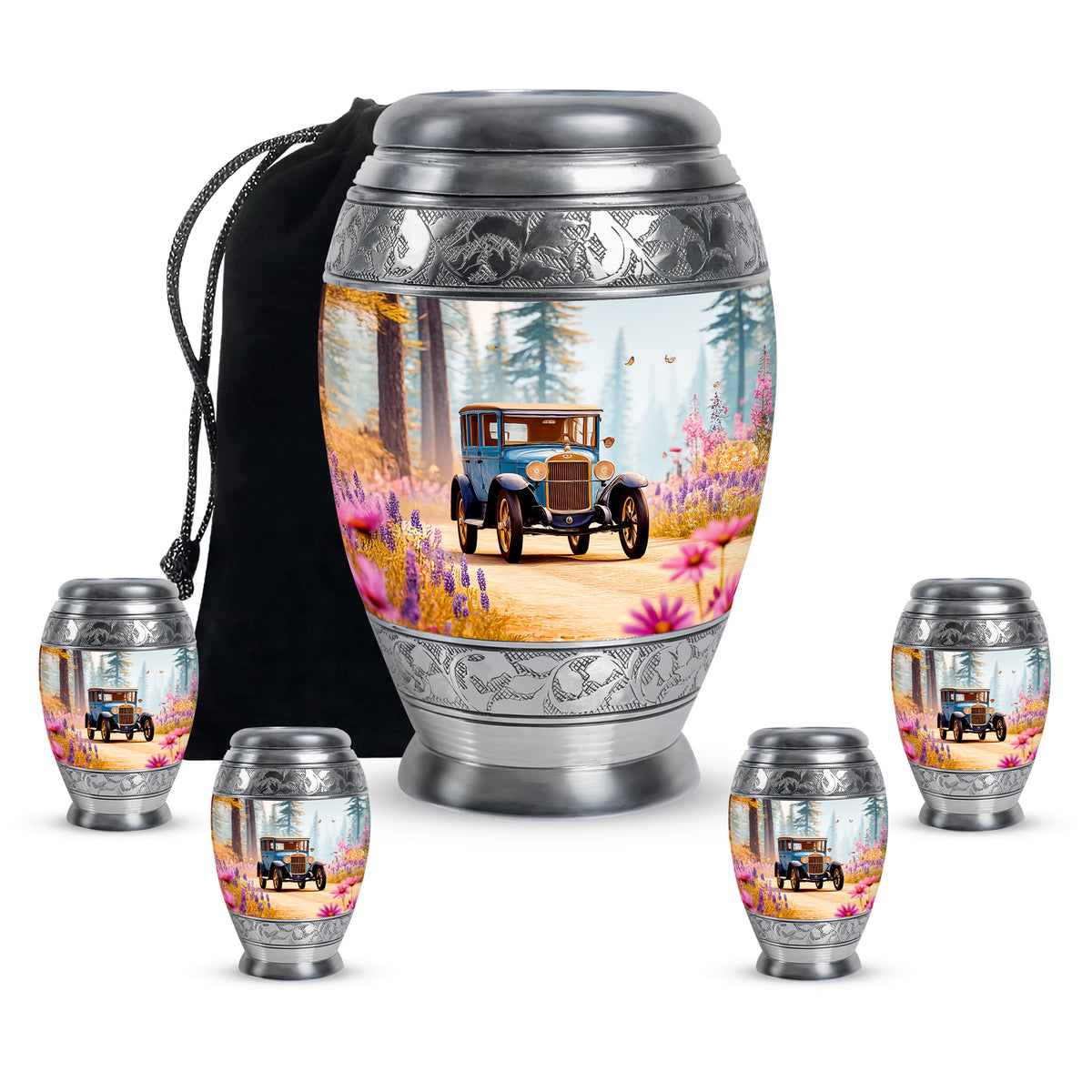 Cool Teal Car Cremation Urn detail view - ornate monarch-style car relief on brushed aluminum - memorial set with one large and four small urns