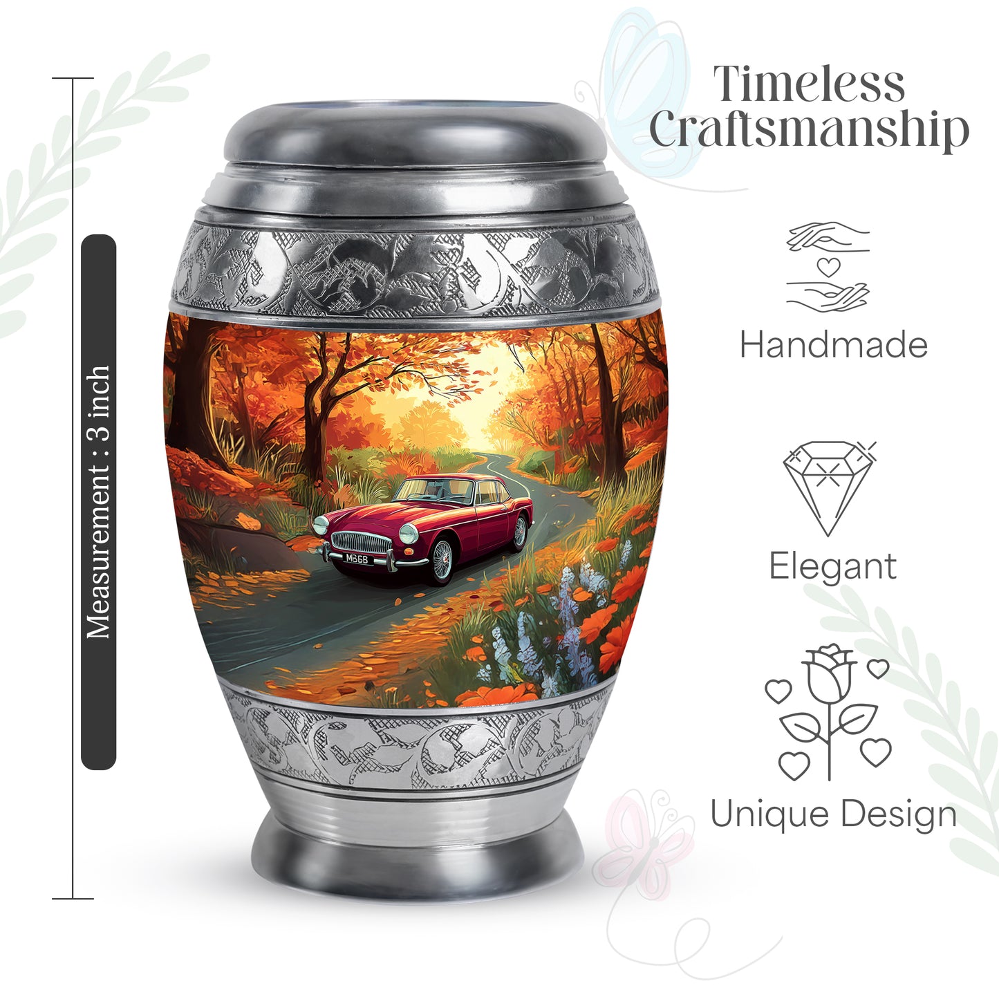Amber Gold Car Cremation Urn lifestyle display on memorial shelf - ornate monarch-style car relief on brushed aluminum - mini keepsake memorial for portion of cremation ashes