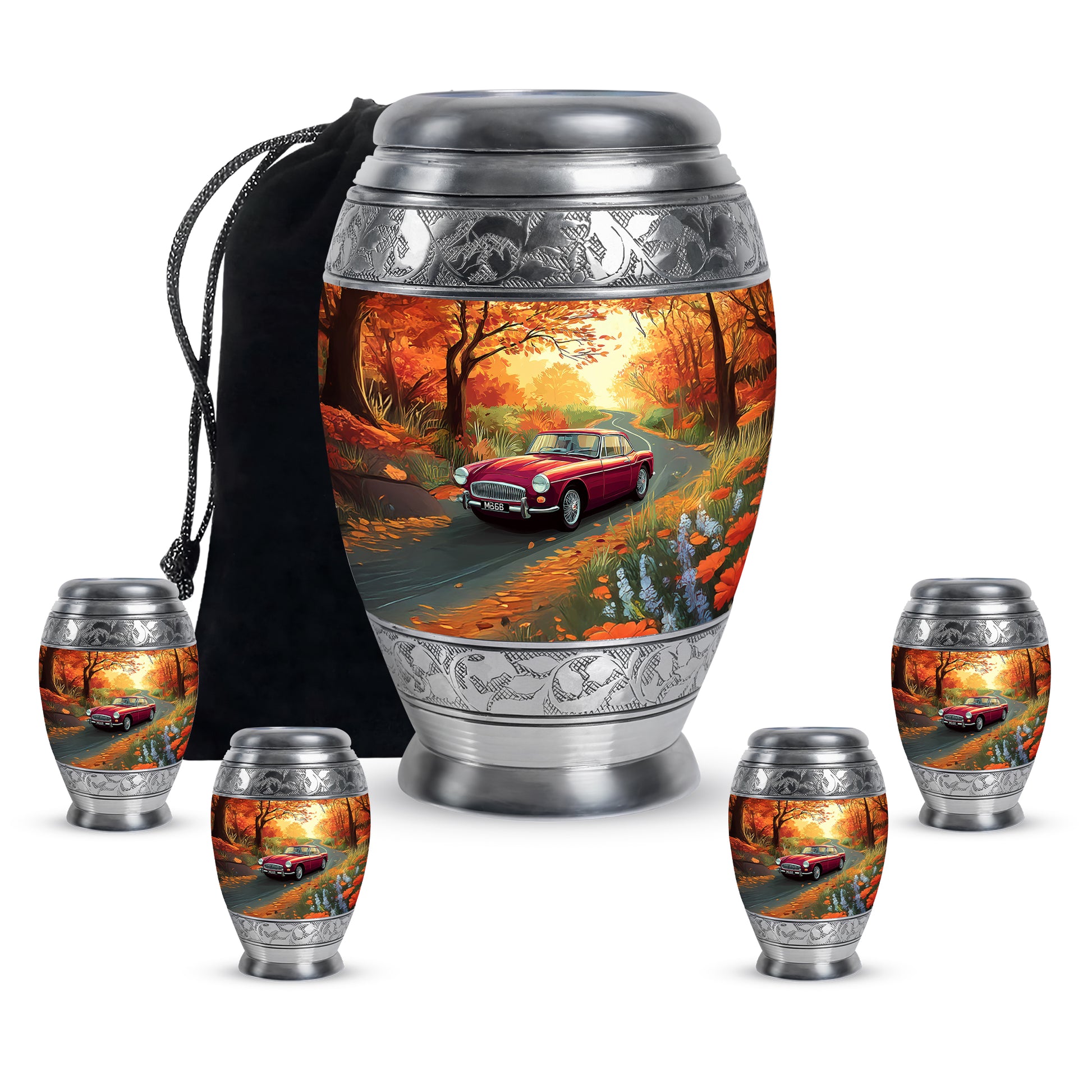 Matte Gold Car Cremation Urn detail view - royal car engraving with decorative scrollwork - memorial set with one large and four small urns