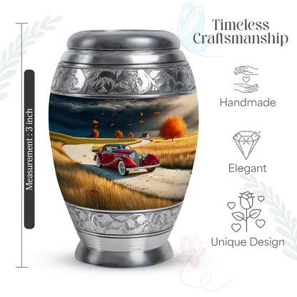 Misty Blue Car Cremation Urn lifestyle display on memorial shelf - regal car design with crown-inspired accents - mini keepsake memorial for portion of cremation ashes