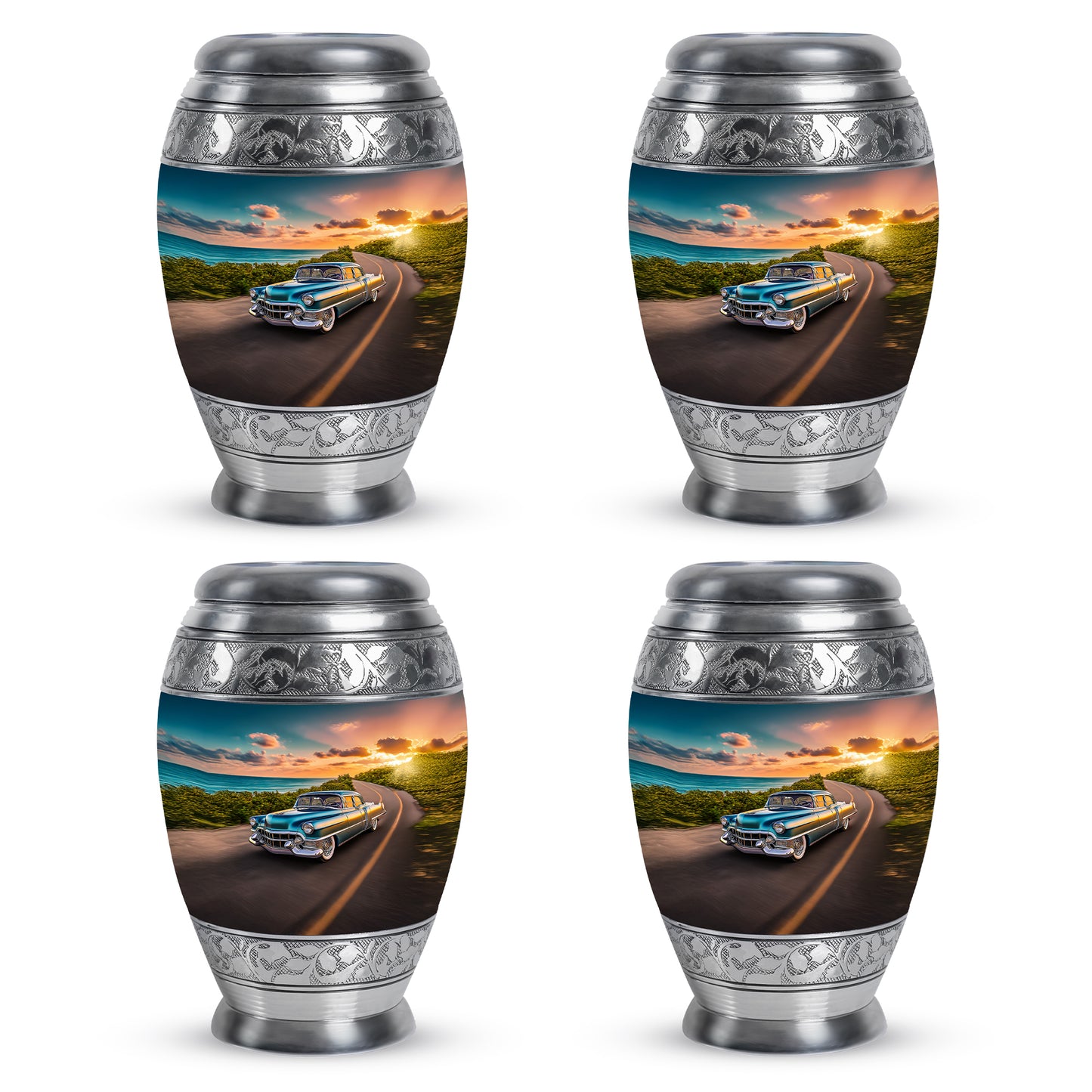 Calming Blue Car Cremation Urn urn with complimentary velvet bag - majestic car pattern with filigree border - 10 inch aluminum urn for cremated remains