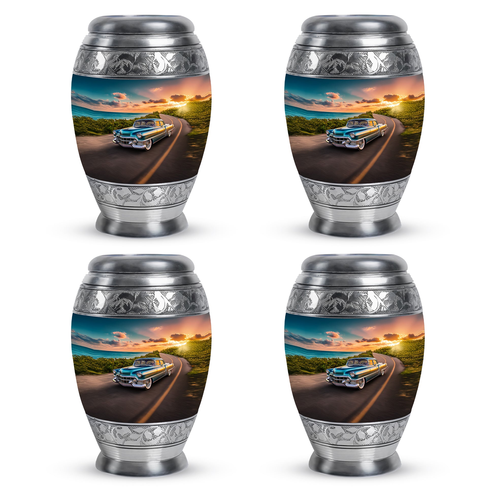 Calming Blue Car Cremation Urn urn with complimentary velvet bag - majestic car pattern with filigree border - 10 inch aluminum urn for cremated remains