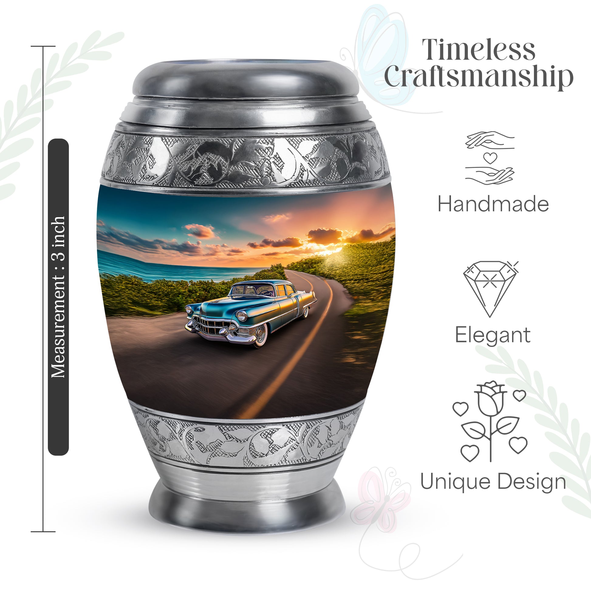 Steel Blue Car Cremation Urn lifestyle display on memorial shelf - majestic car pattern with filigree border - mini keepsake memorial for portion of cremation ashes