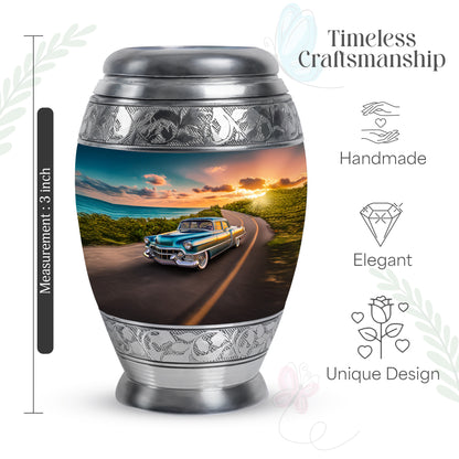 Steel Blue Car Cremation Urn lifestyle display on memorial shelf - majestic car pattern with filigree border - mini keepsake memorial for portion of cremation ashes