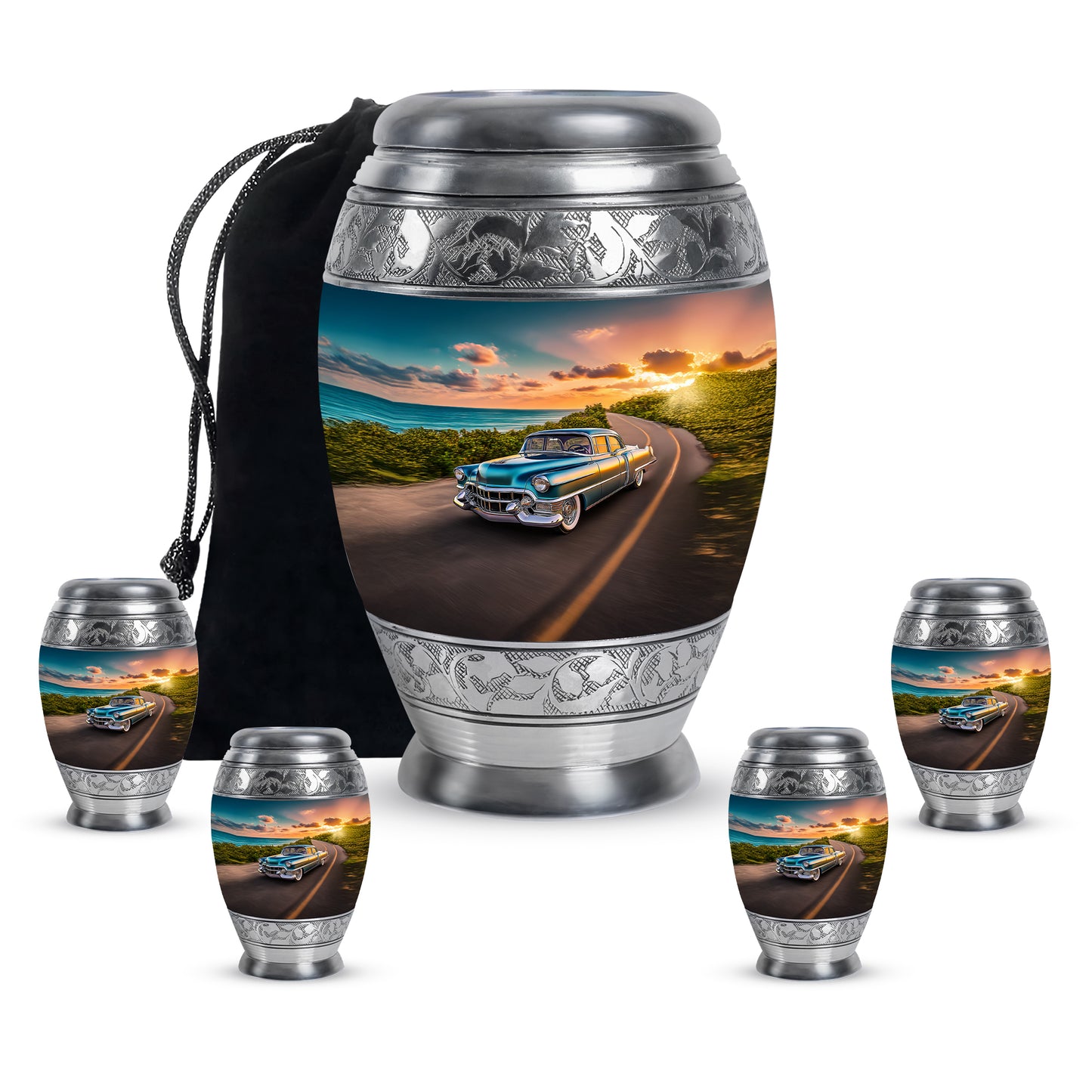 Dusty Blue Car Cremation Urn detail view - regal car design with crown-inspired accents - memorial set with one large and four small urns