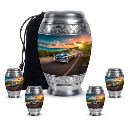 Dusty Blue Car Cremation Urn detail view - regal car design with crown-inspired accents - memorial set with one large and four small urns