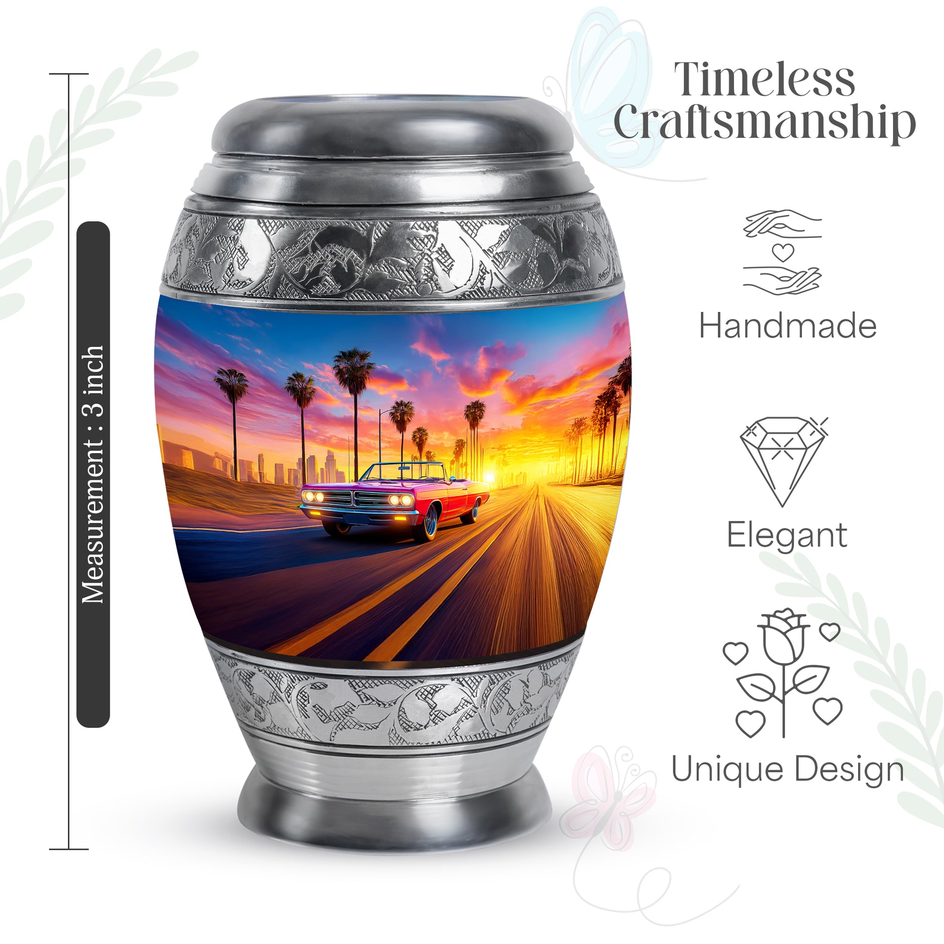 Bright Blue Car Cremation Urn lifestyle display on memorial shelf - majestic car pattern with filigree border - mini keepsake memorial for portion of cremation ashes