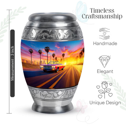 Bright Blue Car Cremation Urn lifestyle display on memorial shelf - majestic car pattern with filigree border - mini keepsake memorial for portion of cremation ashes
