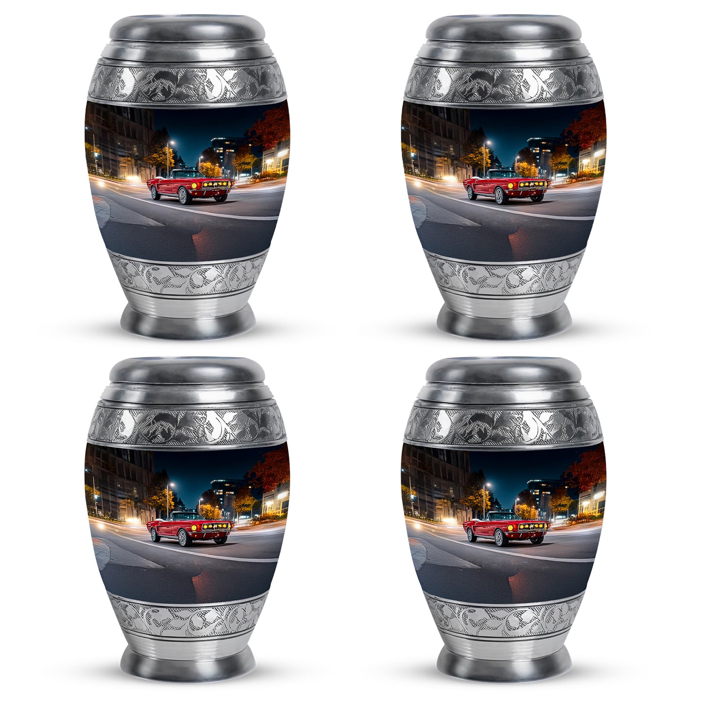 Vivid Blue Car Cremation Urn urn with complimentary velvet bag - royal car engraving with decorative scrollwork - 10 inch aluminum urn for cremated remains