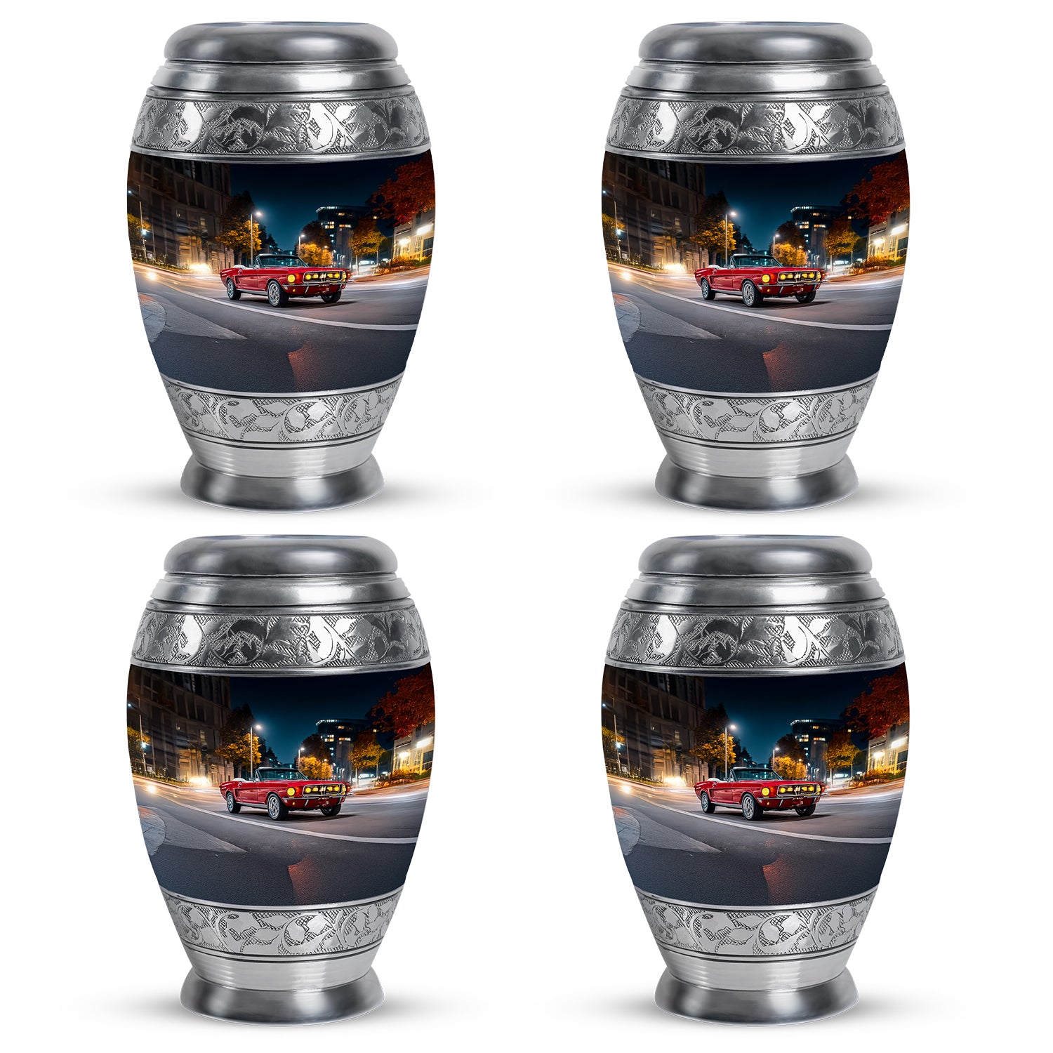 Vivid Blue Car Cremation Urn urn with complimentary velvet bag - royal car engraving with decorative scrollwork - 10 inch aluminum urn for cremated remains
