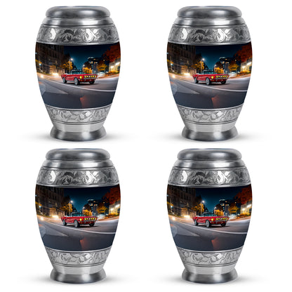 Vivid Blue Car Cremation Urn urn with complimentary velvet bag - royal car engraving with decorative scrollwork - 10 inch aluminum urn for cremated remains