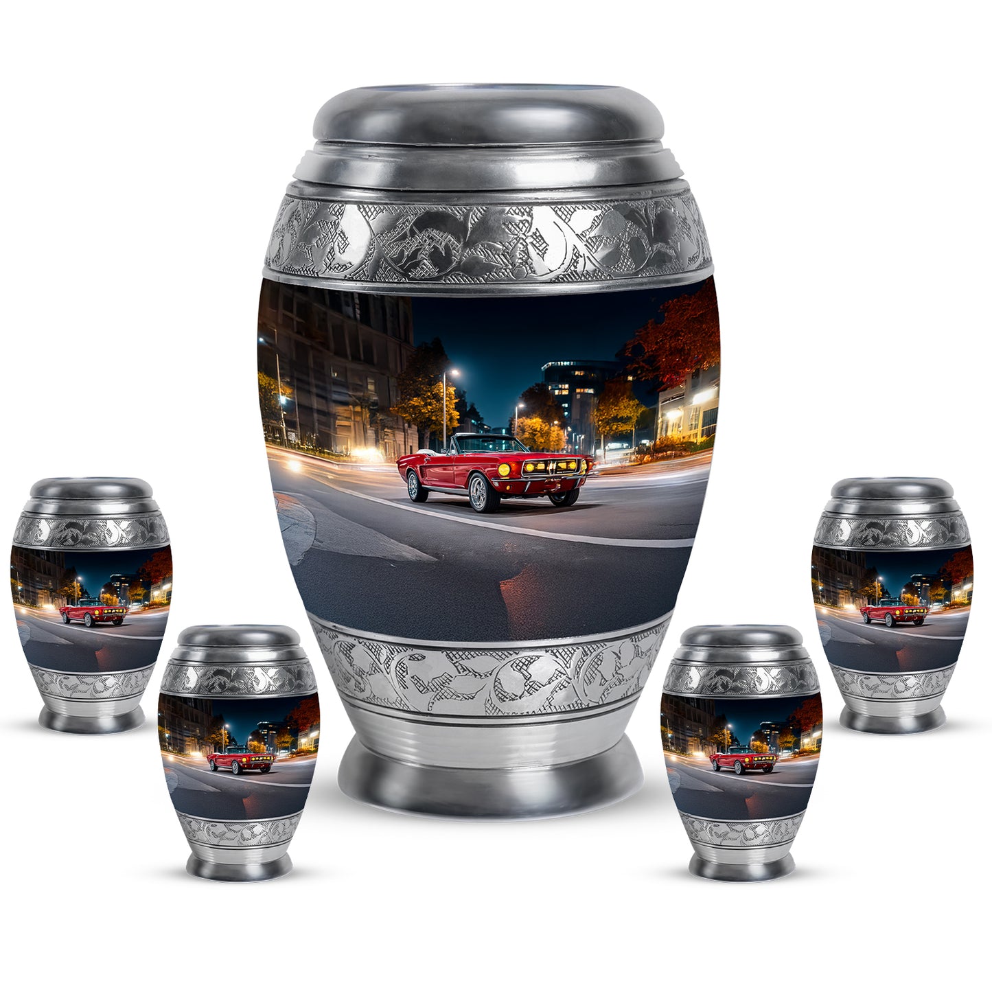 Indigo Car Cremation Urn detail view - ornate monarch-style car relief on brushed aluminum - memorial set with one large and four small urns