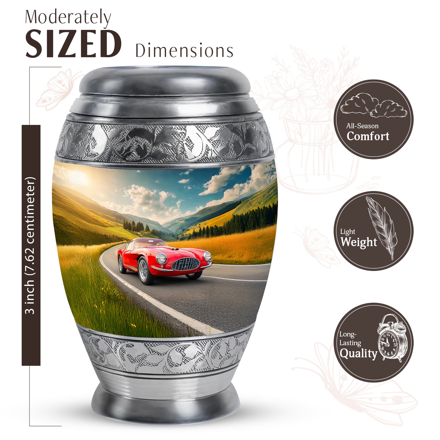 Slate Blue Car Cremation Urn lifestyle display on memorial shelf - ornate monarch-style car relief on brushed aluminum - mini keepsake memorial for portion of cremation ashes