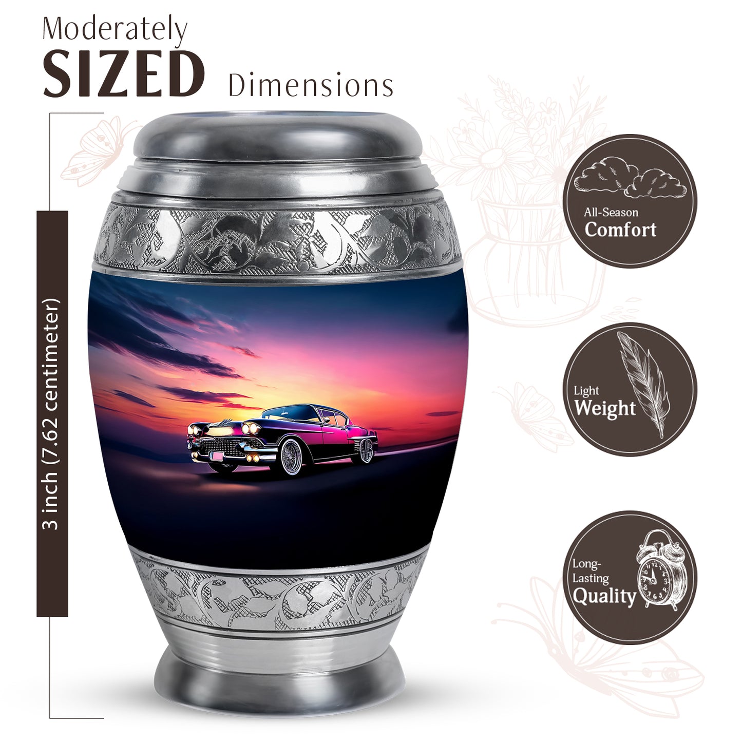 Dusty Blue Car Cremation Urn lifestyle display on memorial shelf - ornate monarch-style car relief on brushed aluminum - mini keepsake memorial for portion of cremation ashes