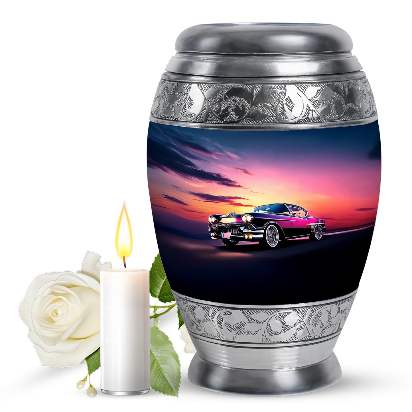 Pastel Blue Car Cremation Urn back view with polished surface - regal car design with crown-inspired accents - full-size 10 inch 200 cubic inch adult cremation urn