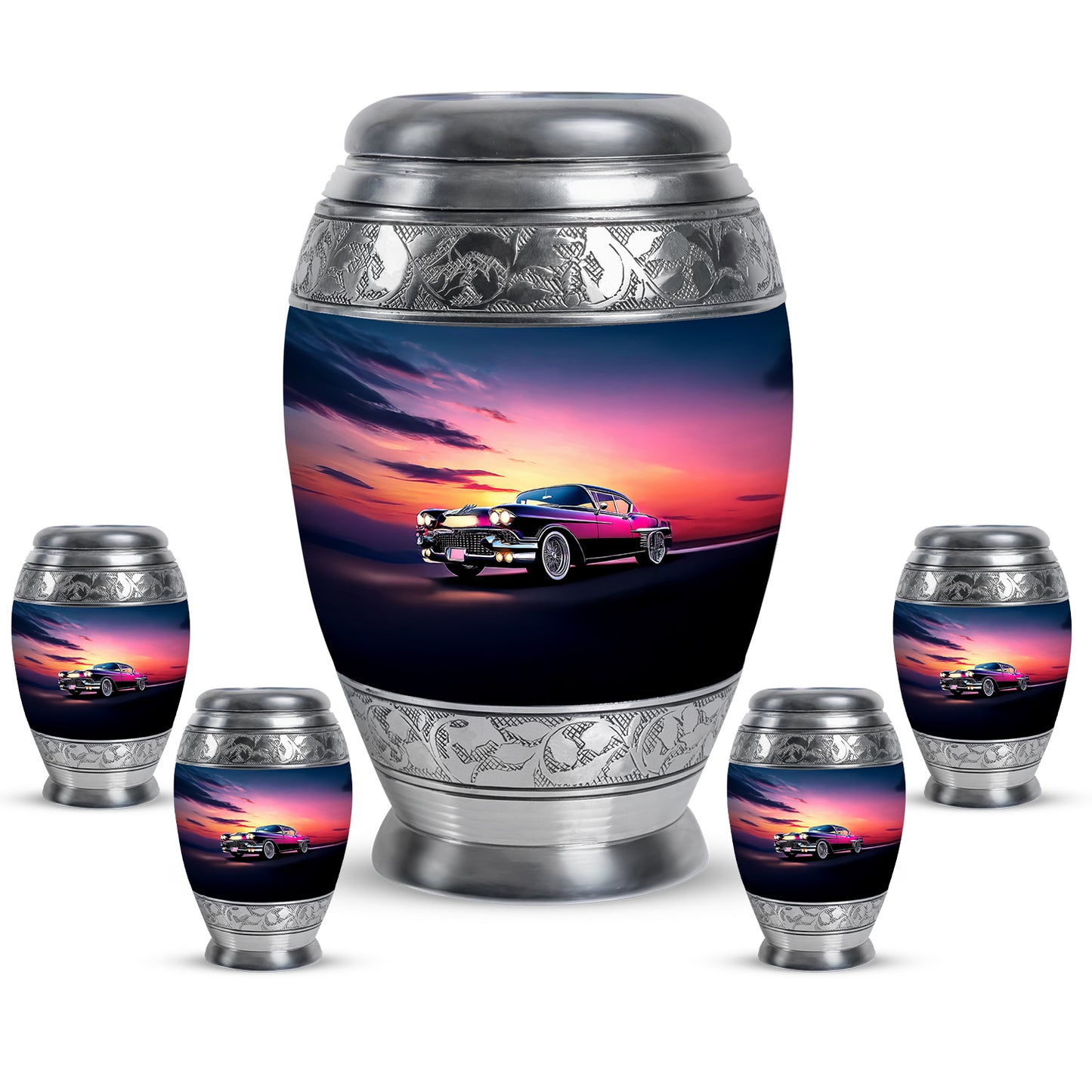 Cornflower Blue Car Cremation Urn detail view - royal car engraving with decorative scrollwork - memorial set with one large and four small urns