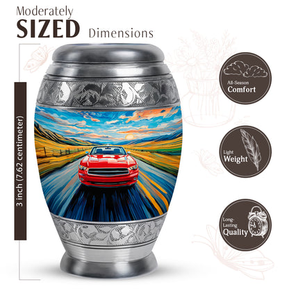 Sky Blue Car Cremation Urn lifestyle display on memorial shelf - regal car design with crown-inspired accents - mini keepsake memorial for portion of cremation ashes