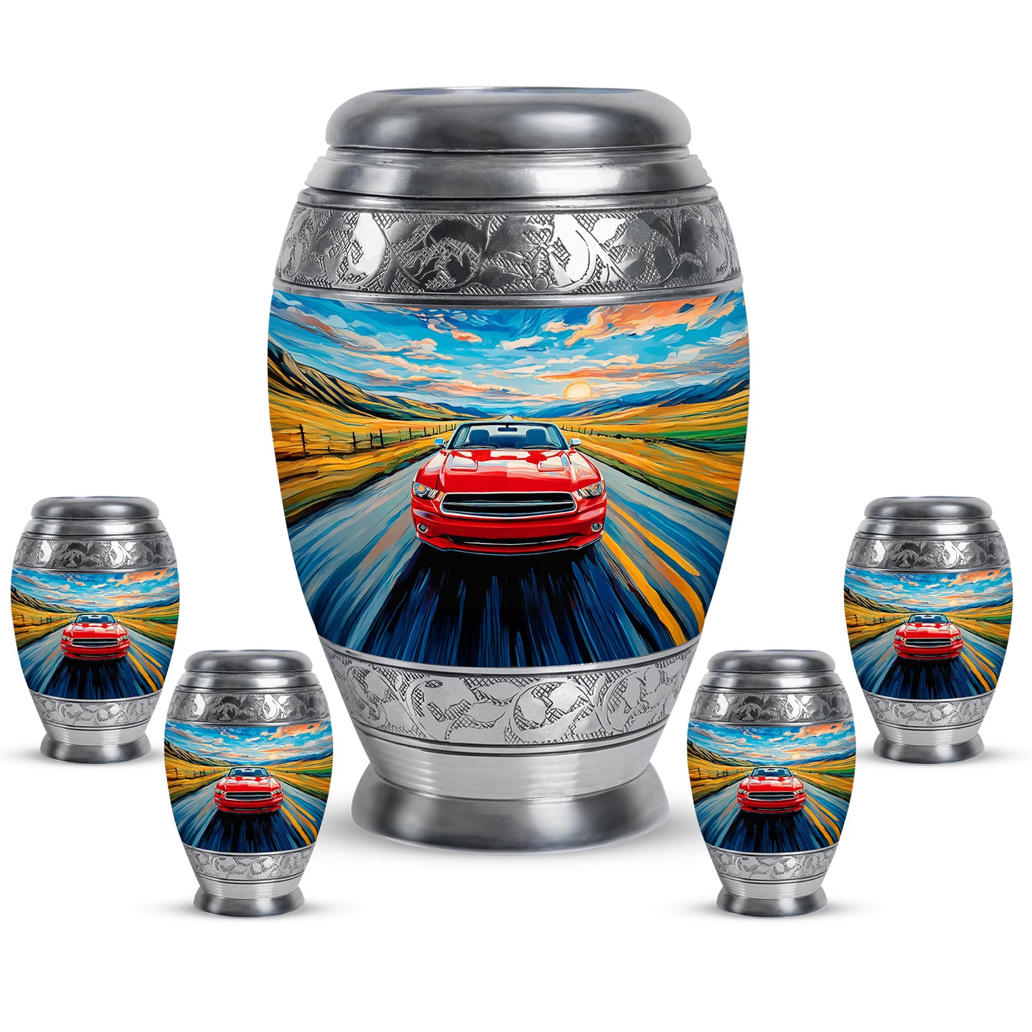 Pastel Blue Car Cremation Urn detail view - ornate monarch-style car relief on brushed aluminum - memorial set with one large and four small urns