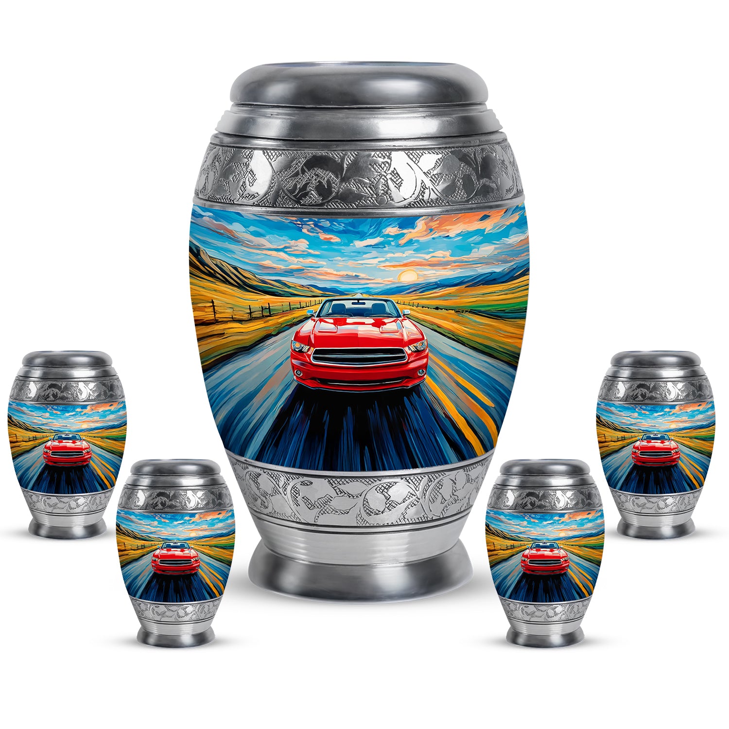 Pastel Blue Car Cremation Urn detail view - ornate monarch-style car relief on brushed aluminum - memorial set with one large and four small urns