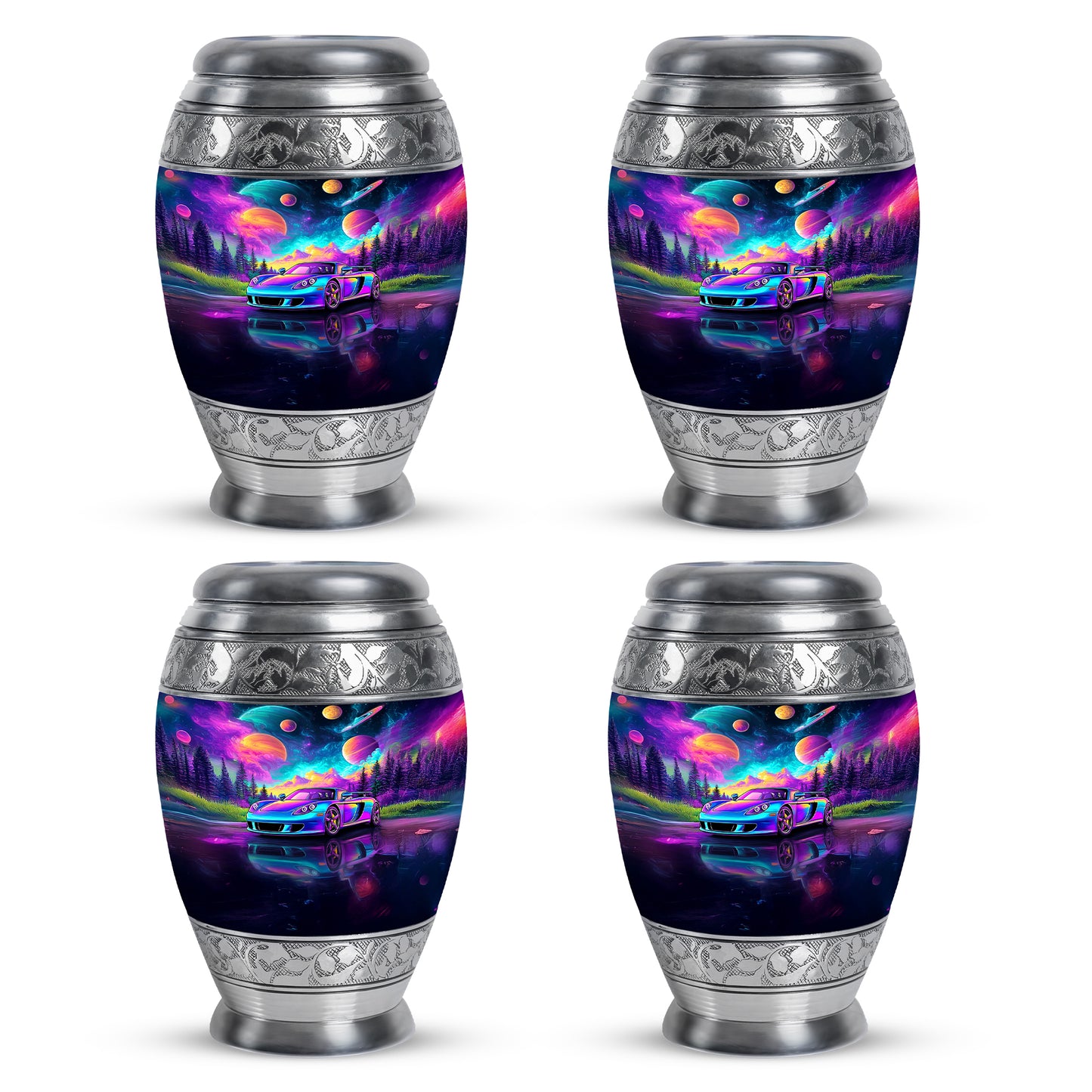 Cornflower Blue Car Cremation Urn urn with complimentary velvet bag - royal car engraving with decorative scrollwork - 10 inch aluminum urn for cremated remains