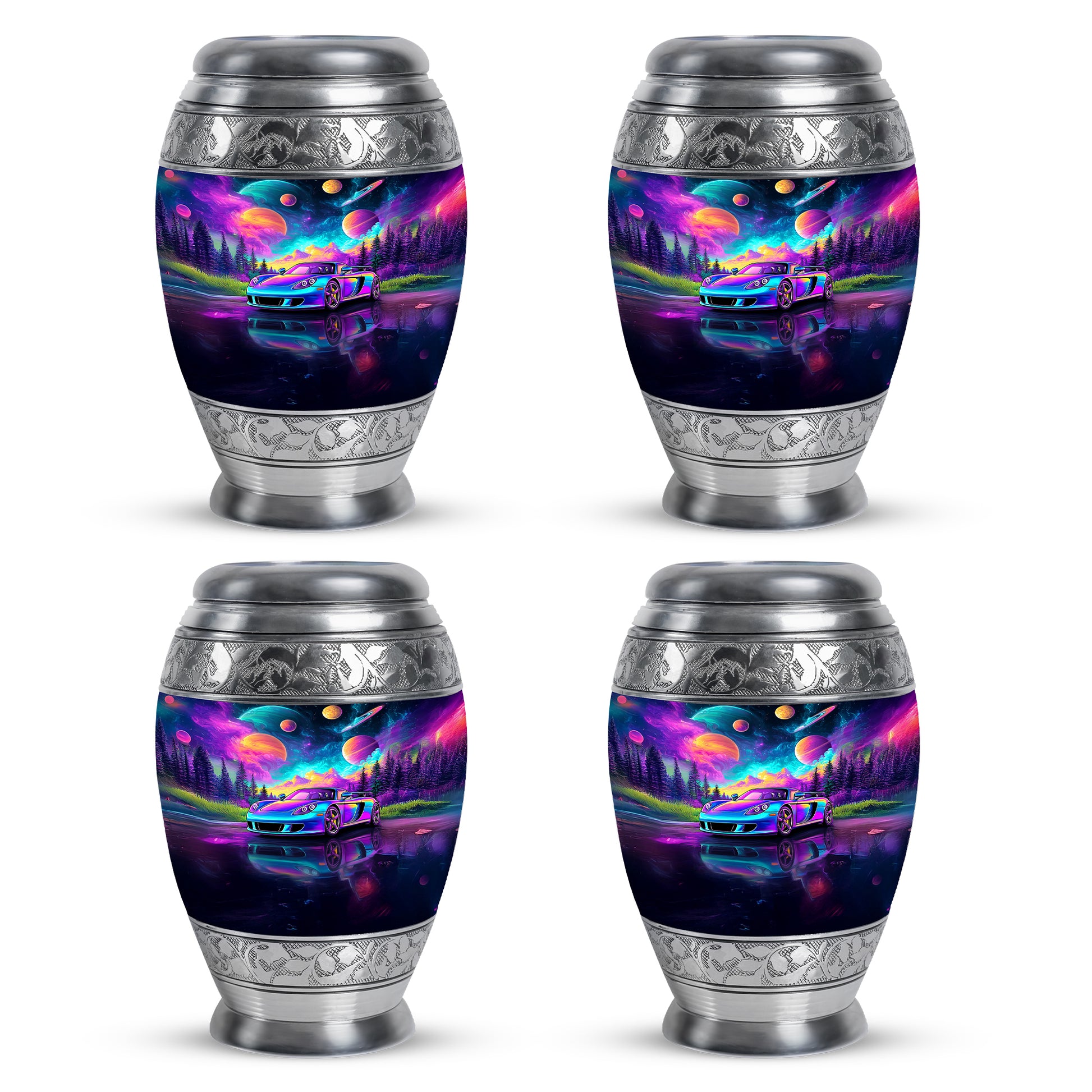 Cornflower Blue Car Cremation Urn urn with complimentary velvet bag - royal car engraving with decorative scrollwork - 10 inch aluminum urn for cremated remains