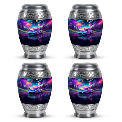 Cornflower Blue Car Cremation Urn urn with complimentary velvet bag - royal car engraving with decorative scrollwork - 10 inch aluminum urn for cremated remains