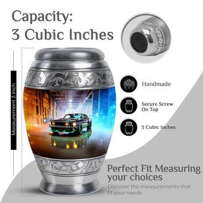 Rich Black Car Cremation Urn lifestyle display on memorial shelf - regal car design with crown-inspired accents - mini keepsake memorial for portion of cremation ashes