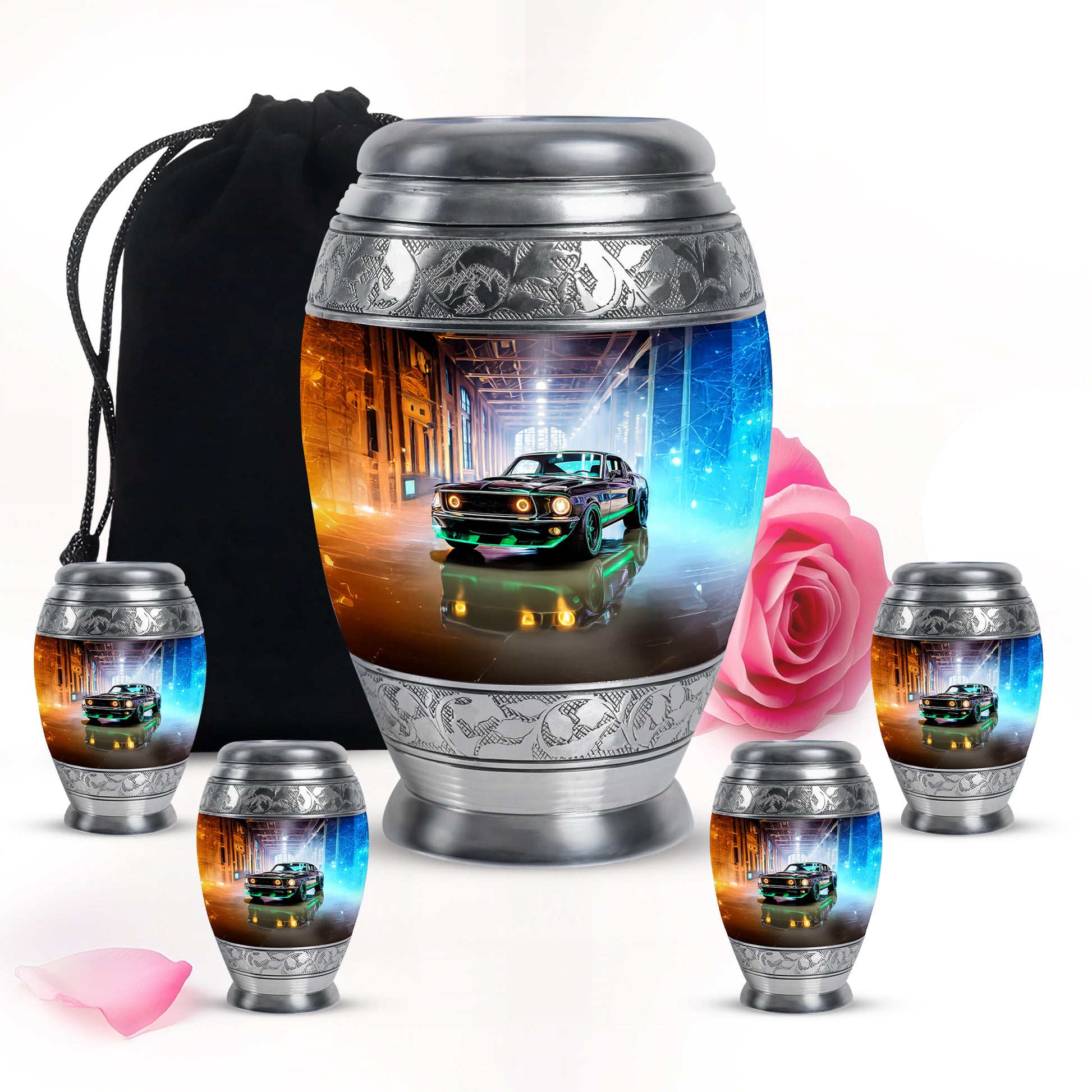 Charcoal Black Car Cremation Urn detail view - royal car engraving with decorative scrollwork - memorial set with one large and four small urns