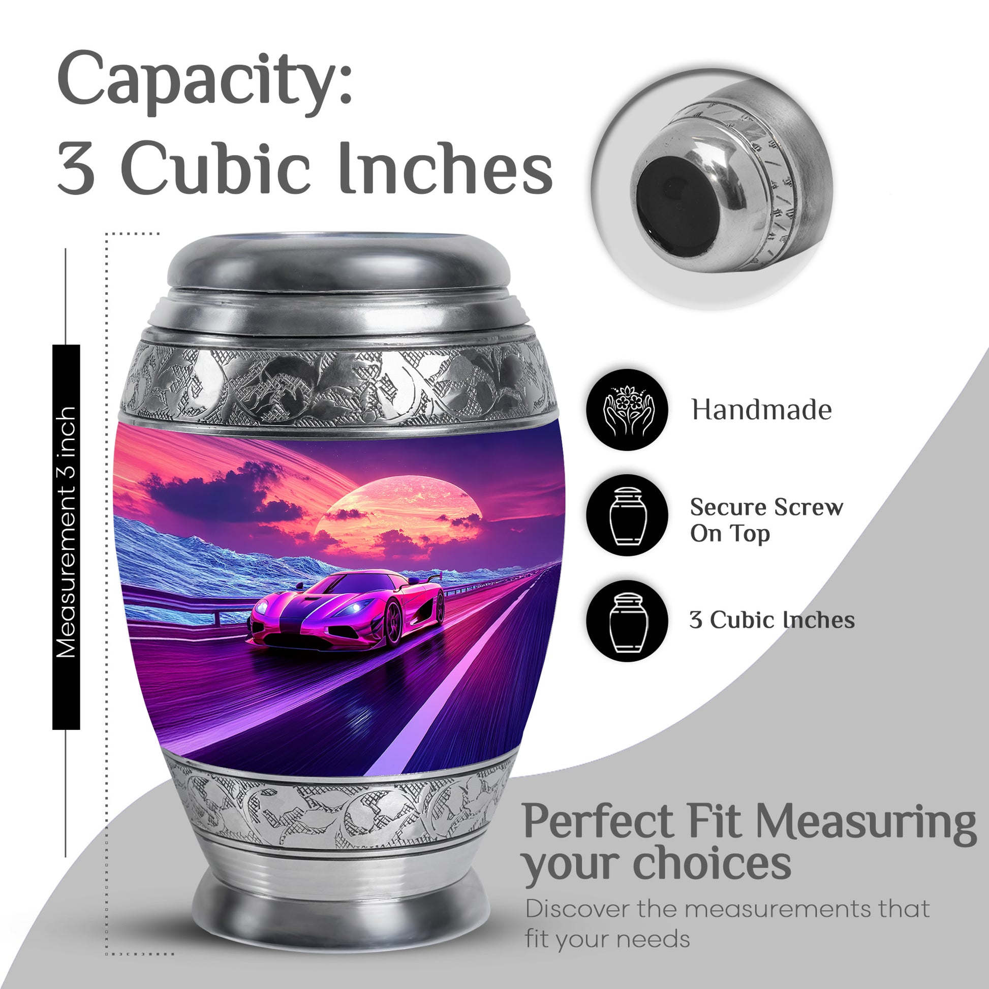 Celestial Blue Car Cremation Urn lifestyle display on memorial shelf - ornate monarch-style car relief on brushed aluminum - mini keepsake memorial for portion of cremation ashes