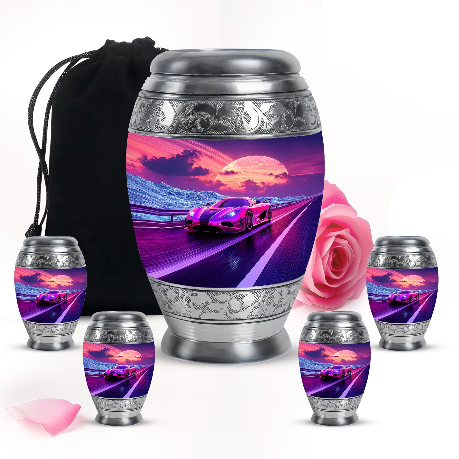 Calming Blue Car Cremation Urn detail view - royal car engraving with decorative scrollwork - memorial set with one large and four small urns