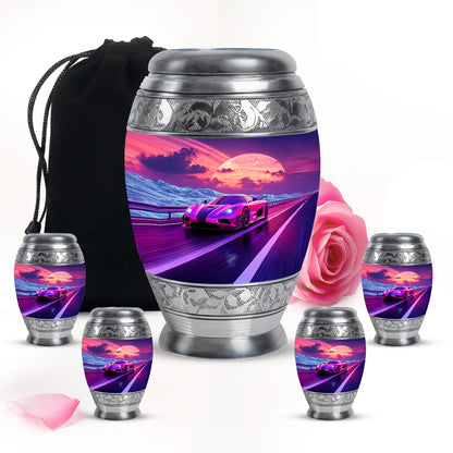 Calming Blue Car Cremation Urn detail view - royal car engraving with decorative scrollwork - memorial set with one large and four small urns
