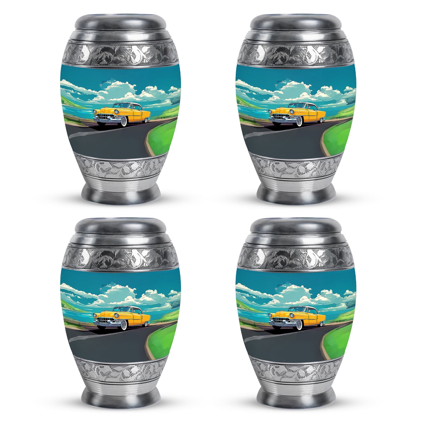 Aqua Teal Car Cremation Urn urn with complimentary velvet bag - majestic car pattern with filigree border - 10 inch aluminum urn for cremated remains