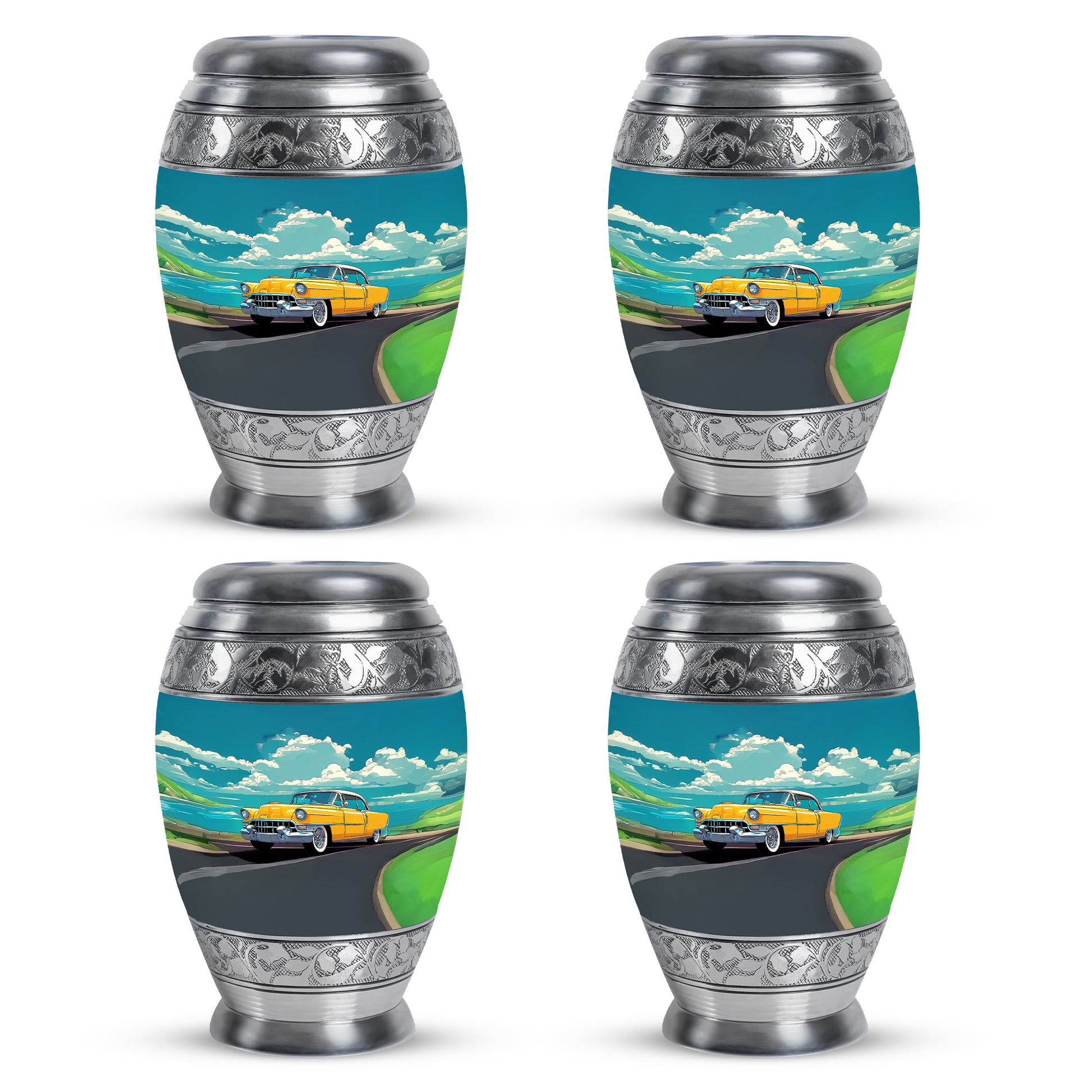 Aqua Teal Car Cremation Urn urn with complimentary velvet bag - majestic car pattern with filigree border - 10 inch aluminum urn for cremated remains