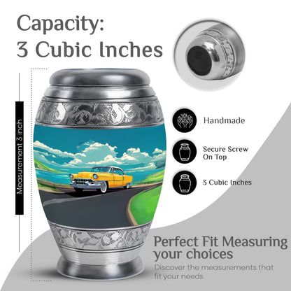 Sea Green Teal Car Cremation Urn lifestyle display on memorial shelf - regal car design with crown-inspired accents - mini keepsake memorial for portion of cremation ashes