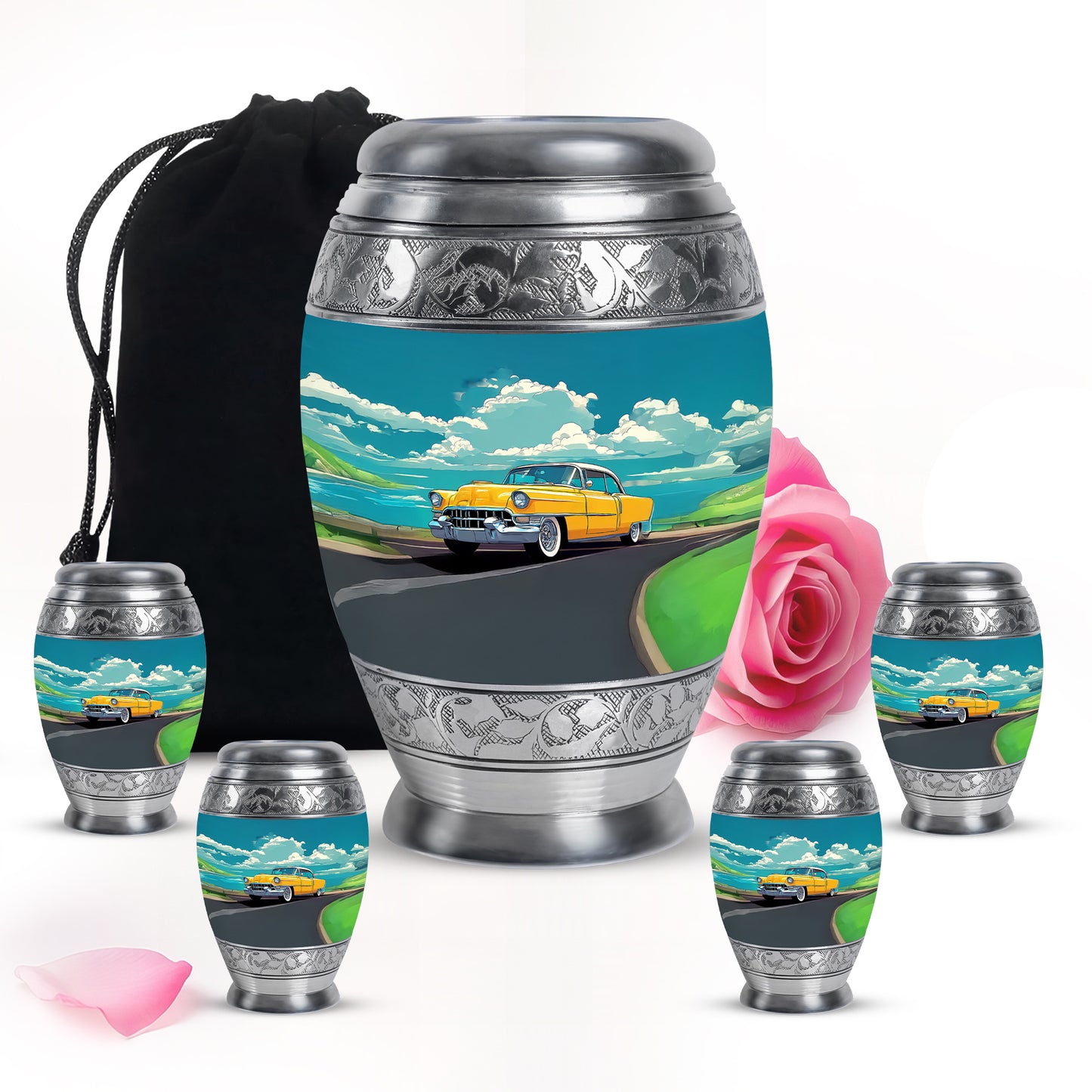 Ocean Teal Car Cremation Urn detail view - regal car design with crown-inspired accents - memorial set with one large and four small urns