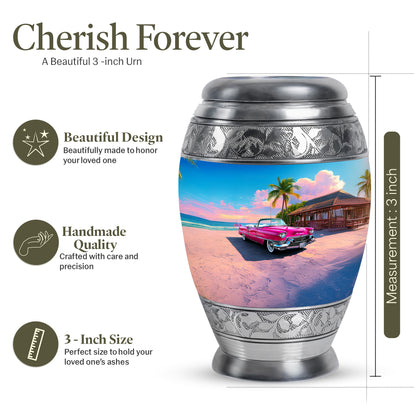 Icy Blue Car Cremation Urn lifestyle display on memorial shelf - regal car design with crown-inspired accents - mini keepsake memorial for portion of cremation ashes