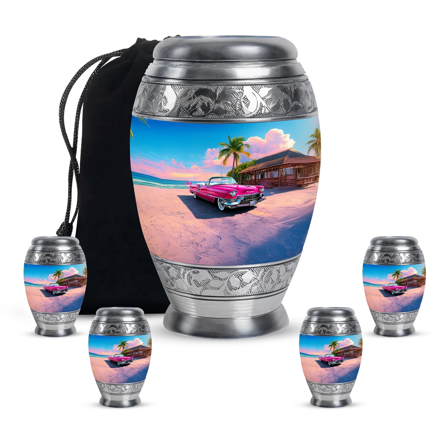 Powder Blue Car Cremation Urn detail view - regal car design with crown-inspired accents - memorial set with one large and four small urns