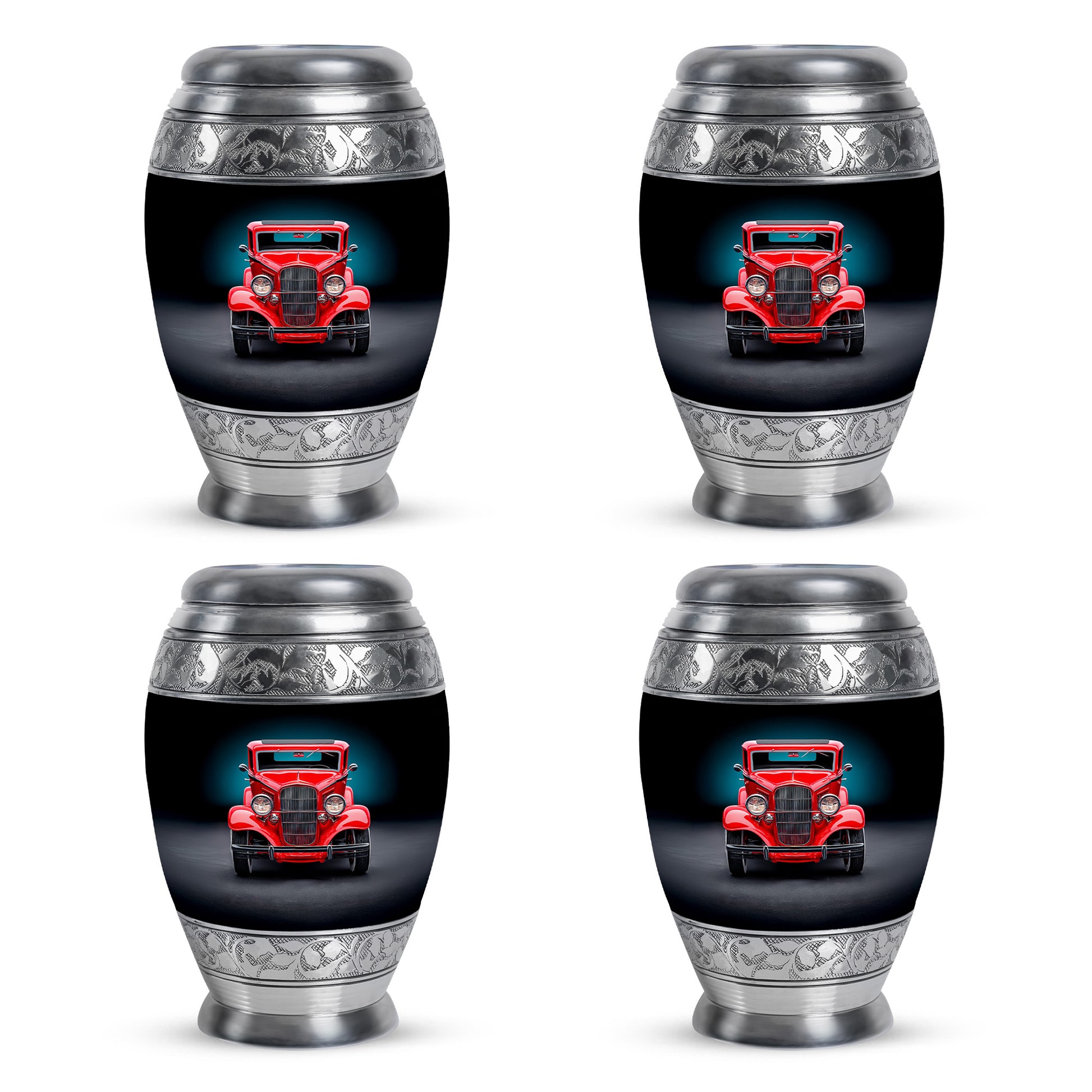 Glossy Black Car Cremation Urn urn with complimentary velvet bag - ornate monarch-style car relief on brushed aluminum - 10 inch aluminum urn for cremated remains