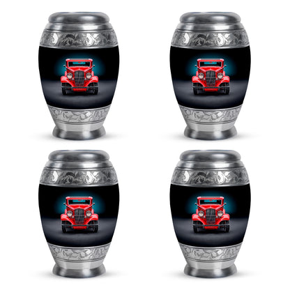 Glossy Black Car Cremation Urn urn with complimentary velvet bag - ornate monarch-style car relief on brushed aluminum - 10 inch aluminum urn for cremated remains