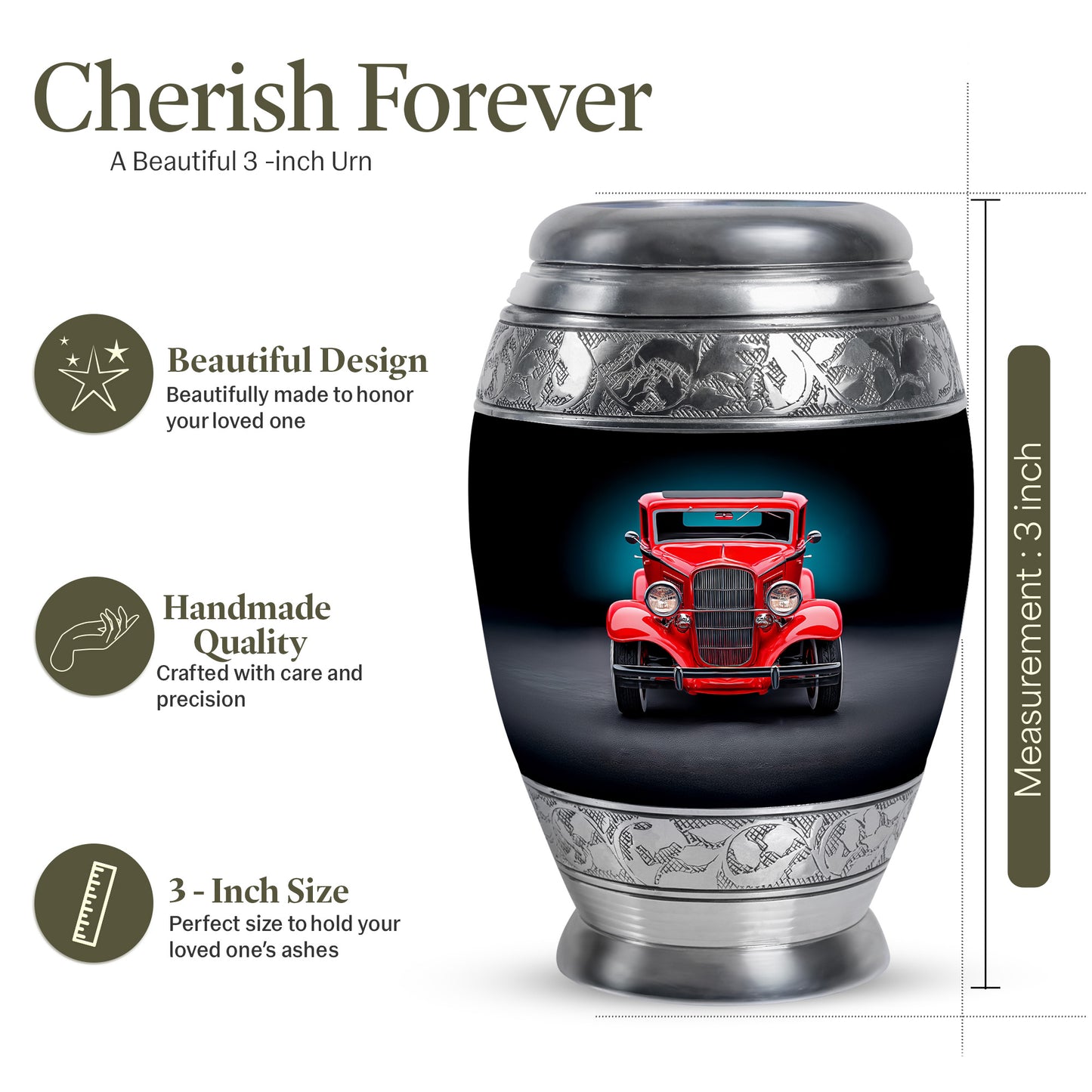 Midnight Black Car Cremation Urn lifestyle display on memorial shelf - majestic car pattern with filigree border - mini keepsake memorial for portion of cremation ashes