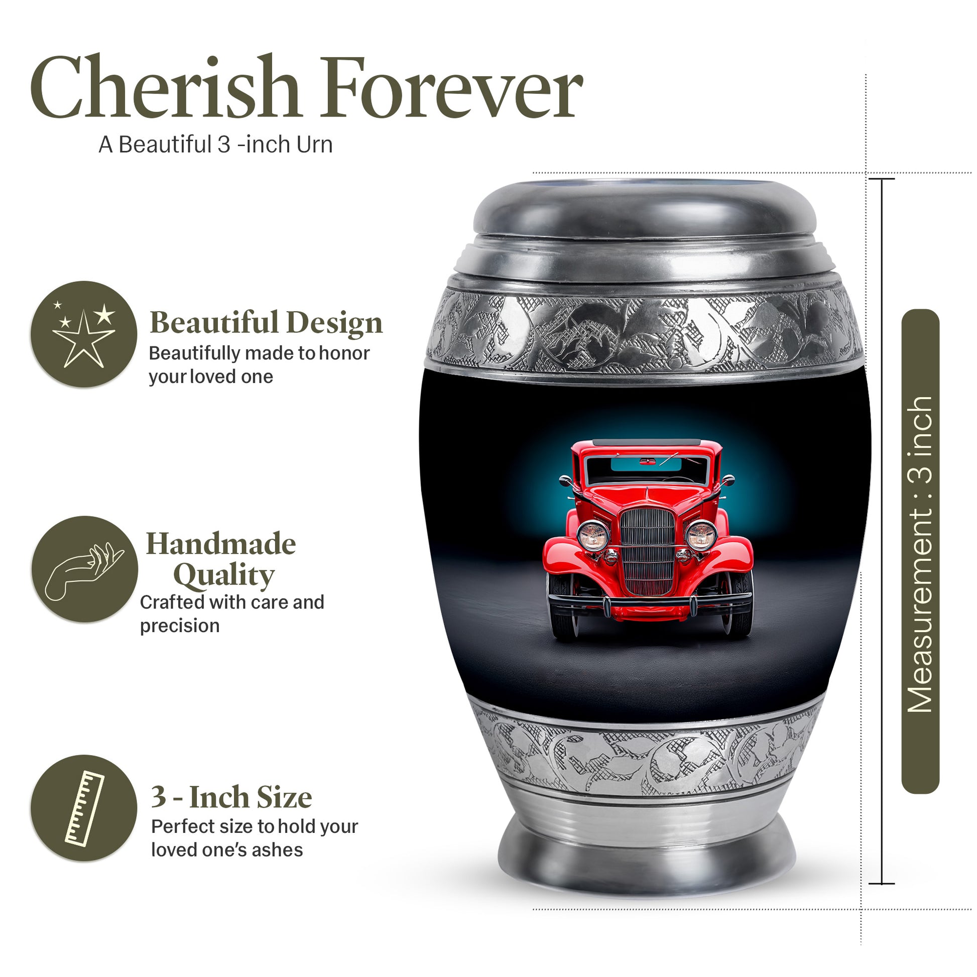 Midnight Black Car Cremation Urn lifestyle display on memorial shelf - majestic car pattern with filigree border - mini keepsake memorial for portion of cremation ashes