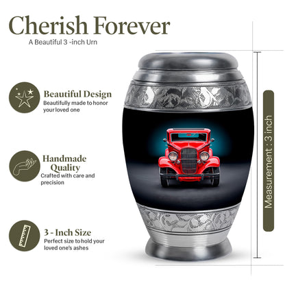 Midnight Black Car Cremation Urn lifestyle display on memorial shelf - majestic car pattern with filigree border - mini keepsake memorial for portion of cremation ashes