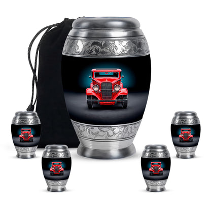 Charcoal Black Car Cremation Urn detail view - royal car engraving with decorative scrollwork - memorial set with one large and four small urns