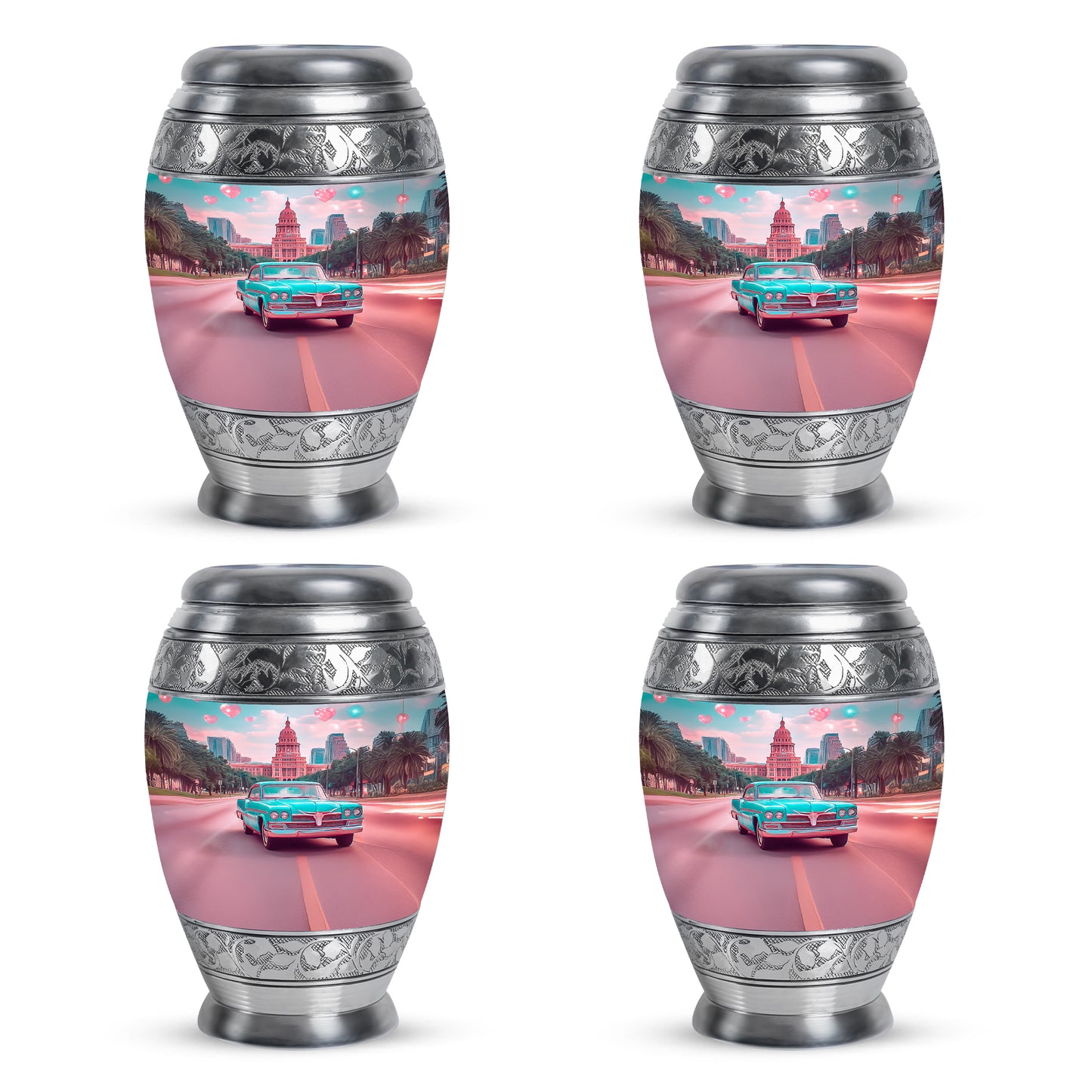 Cool Teal Car Cremation Urn urn with complimentary velvet bag - regal car design with crown-inspired accents - 10 inch aluminum urn for cremated remains