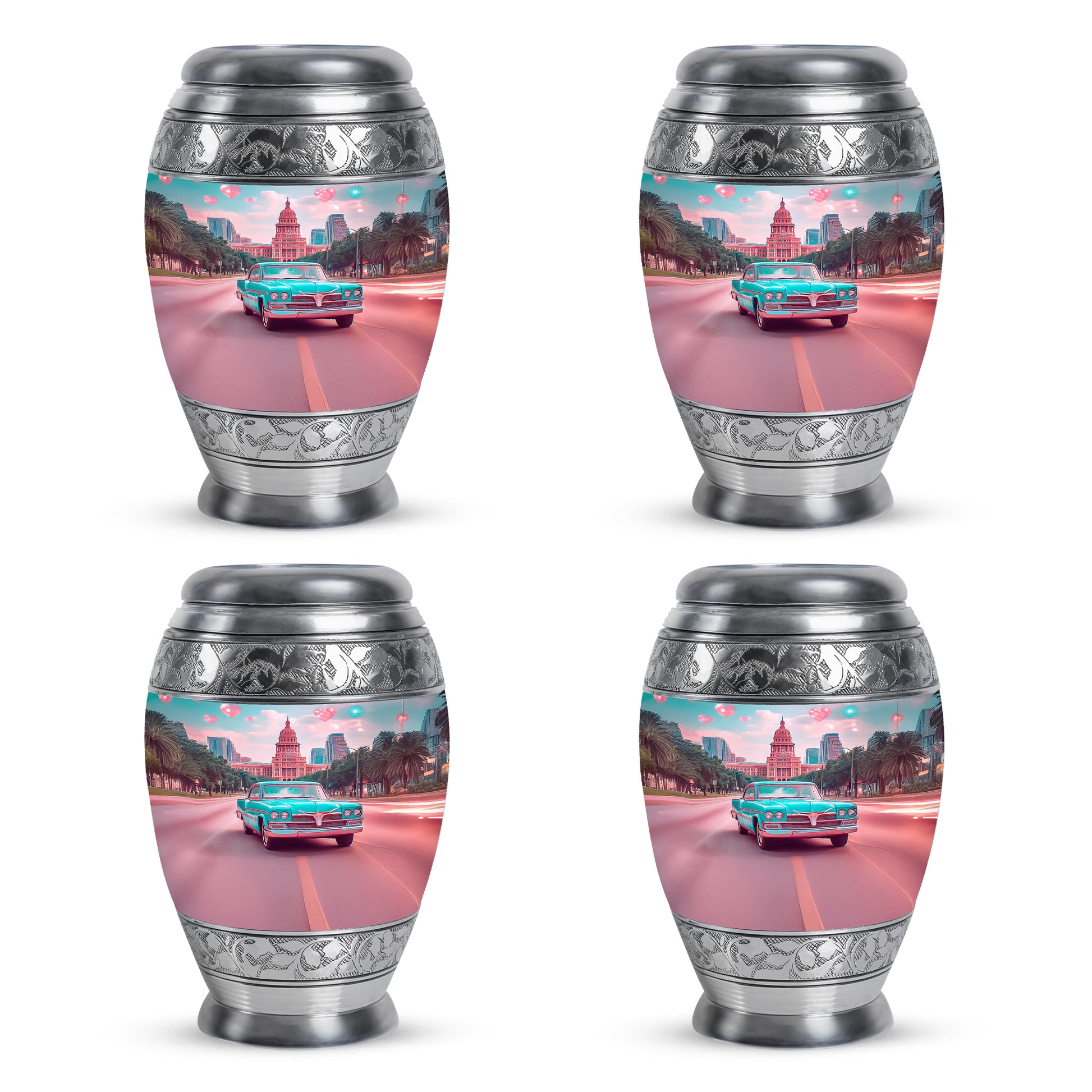 Cool Teal Car Cremation Urn urn with complimentary velvet bag - regal car design with crown-inspired accents - 10 inch aluminum urn for cremated remains